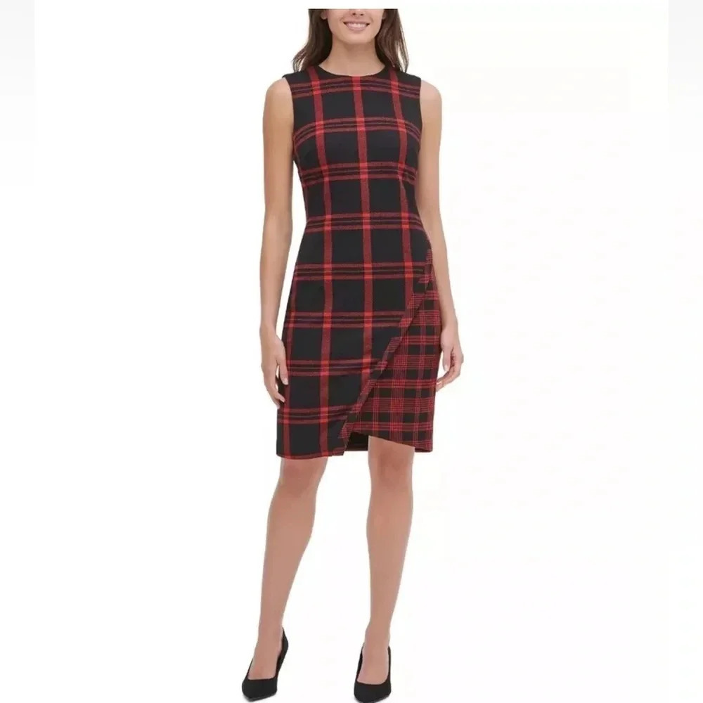 Tommy Hilfiger Red Black Plaid Asymmetrical Sheath Dress Size 16 - Picture 12 of 13
